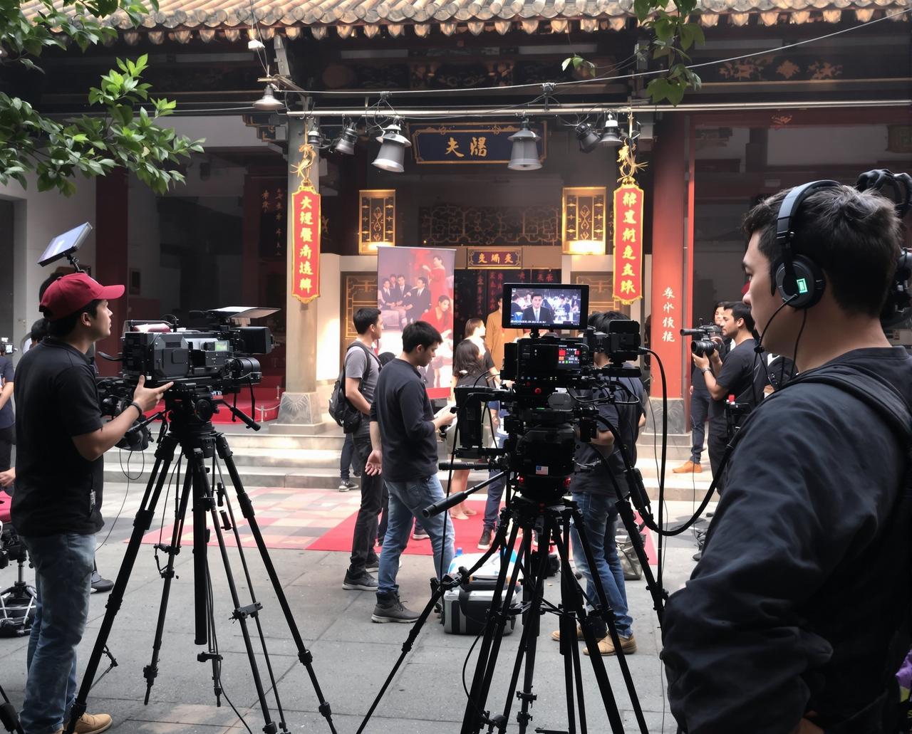 影视大全免费外景拍摄团队正在进行影视剧现场拍摄工作